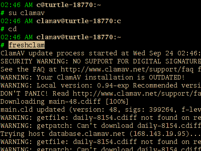 Screenshot of updating ClamAV.