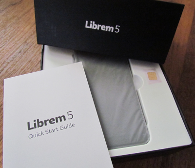 Librem5 phone, manual, and box.